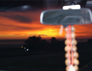 Cambria-sunset in the car.